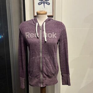 Vintage Reebok Heathered Purple Hoodie with White Accents snug fit.